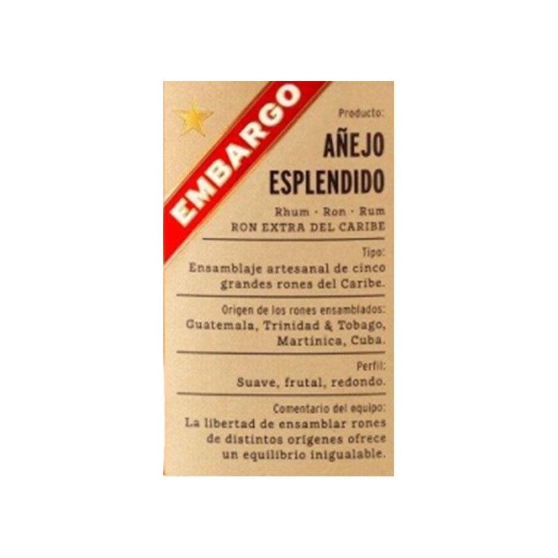 Rhum EMBARGO - AÑEJO ESPLENDIDO - RON EXTRA -40° - La Cave d'Antoine